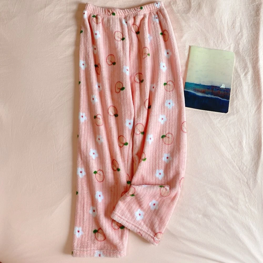 Kawaiii Bowknot Peach Pajama Pants Nightwears Loose Coral Fleece Pants Sweet High Waist Flower Fleece Trousers Daily