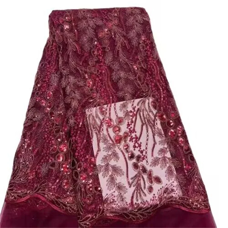 

5 ярдов, красные французские блестки, в африканском стиле, 2023, Высококачественная нигерийская сетчатая кружевная ткань для женщин, фотосессия, свадьба