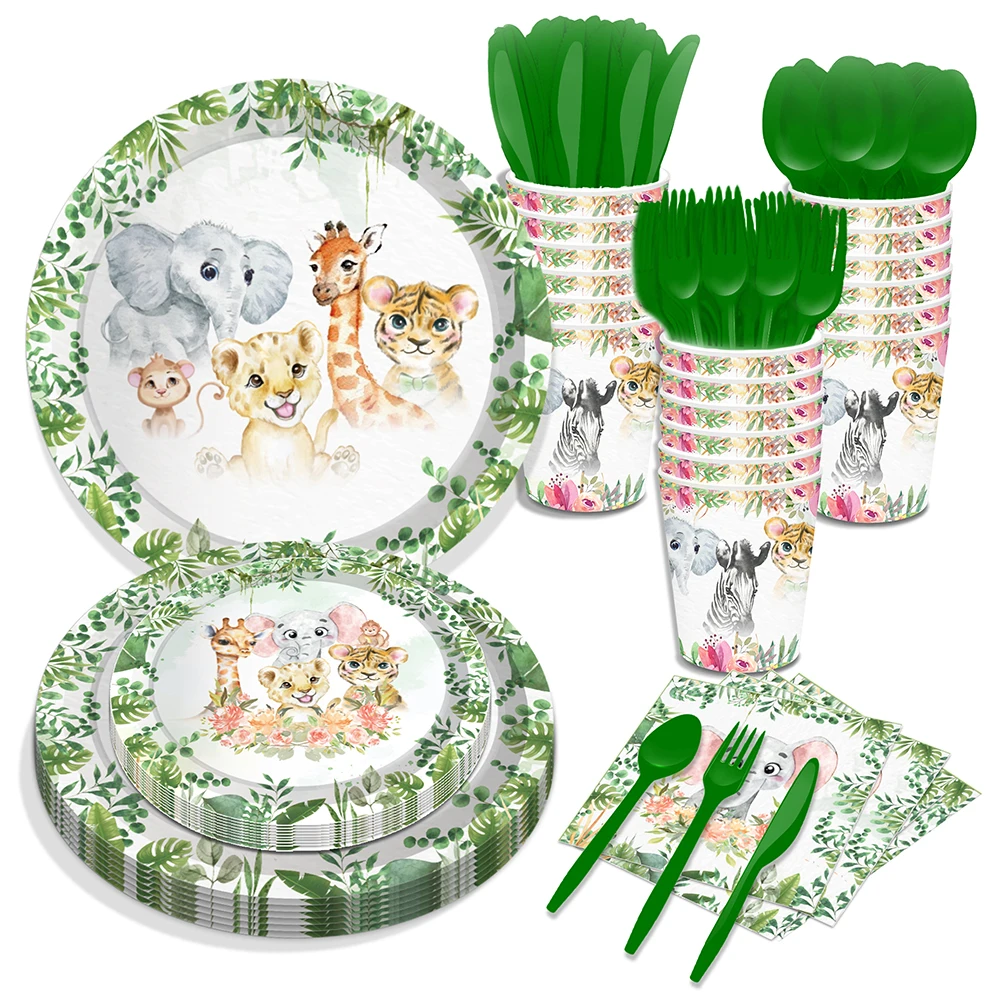 

Jungle Safari Disposable Tableware Sets Cartoon Wild Animals Baby Shower Birthday Party Paper Plates Cups Napkins Decor Supplies