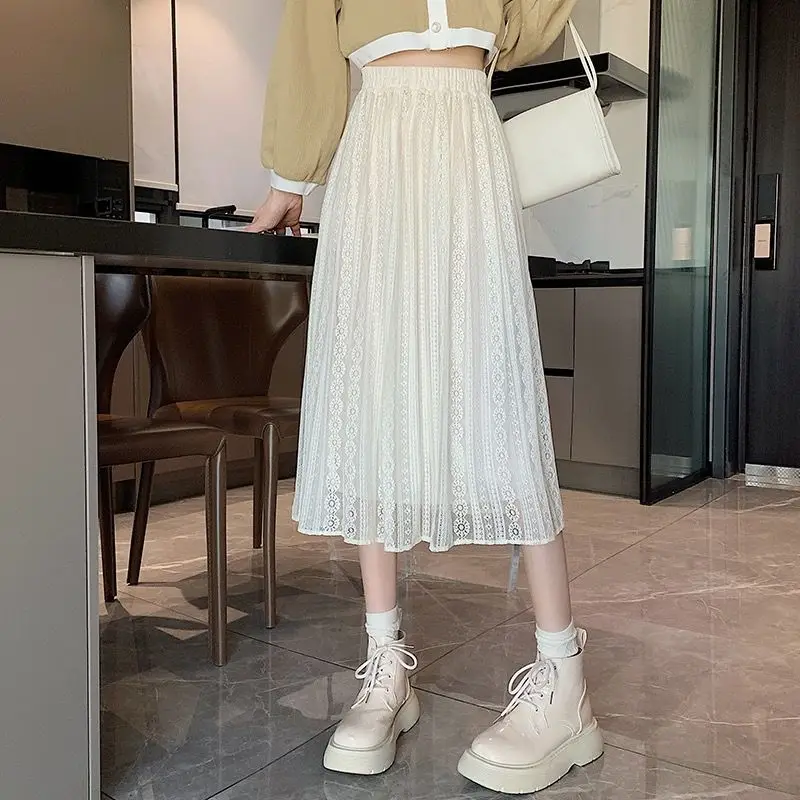 2023 Spring Summer New Elastic High Waist Lace Gauze Folds Korean Version Simplicity Solid Color Medium and Long A-line Skirts
