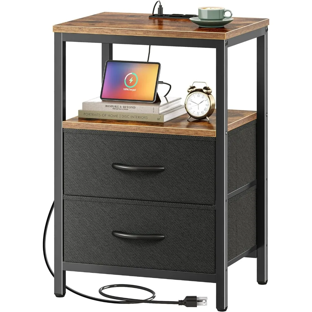 

Nightstand with Charging Station, Side Table with Fabric Drawers, End Table with Open Shelf, Bedside Table with USB Ports and Ou