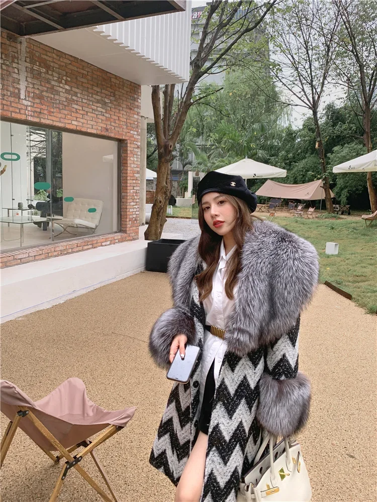 Full-leather Silver Fox Fur Coat Long Fur Collar Women's Clothing Belt Slim Oversize High Street Autumn/Winter Faux Fur Jackets