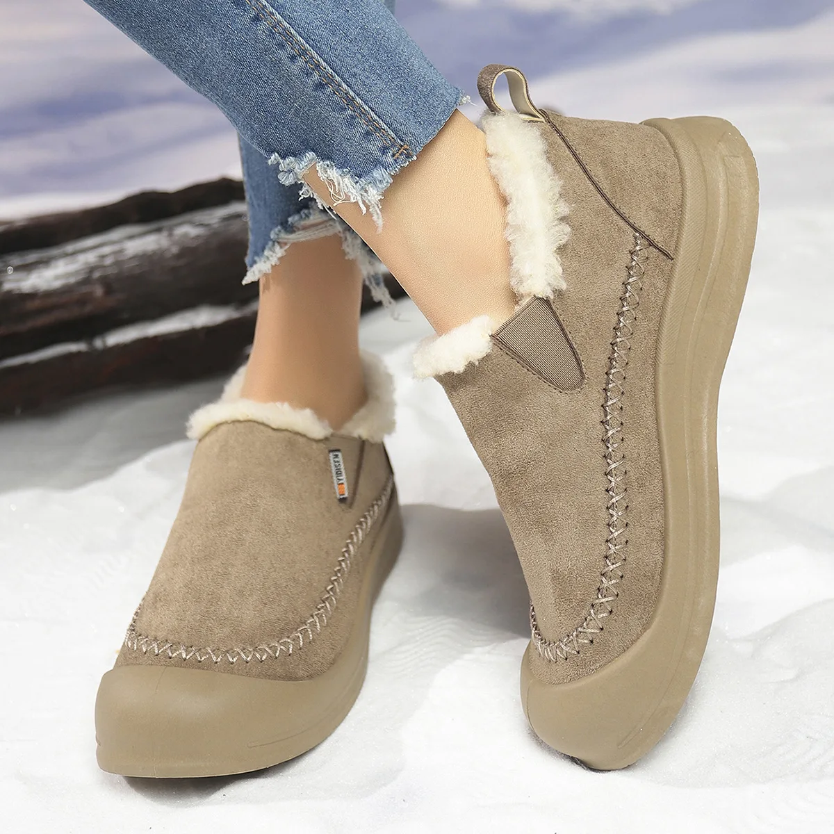 Damen-Slip-on-Baumwollschuhe, 2025, Winter, neuer Plüsch, verdickt, Outdoor, lässig, warme Schuhe, modisch, Vintage, rutschfest, bequem, Schneestiefel – Detail 7
