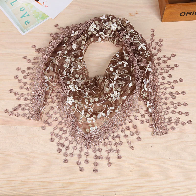 Trendy Flower Fringed Triangle Scarf Women Elegant Lace Shawl Breathable Headscarf Decoration Neck Scarf Wedding Veil Bufanda necklace pendant scarf muslim veil chiffon ethnic style scarf shawl garment accessories neck ornament woman