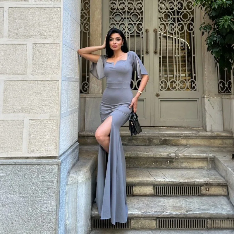 V-Neck Fashion Short Sleeve Dress Women High Waist Solid Pleated Elegant Patchwork Party Dress Ladies Autumn Long Dress