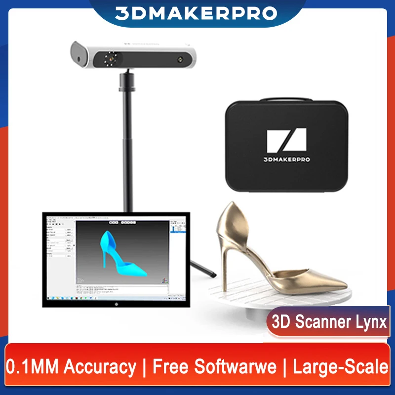 3DMakerpro Lynx 3D Scanner 0.1mm Precision 10 FPS Speed Large Scale Range Scanning Free Software with Turntable Portable Case