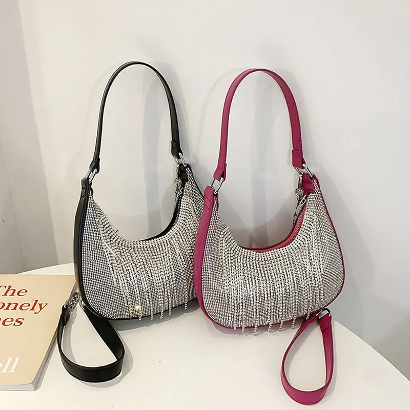 

Роскошная сумка высокого качества с бриллиантовой кисточкой для подмышек, Корейская блестящая модная сумка через плечо с цепочками, женская сумка через плечо, новинка 2024