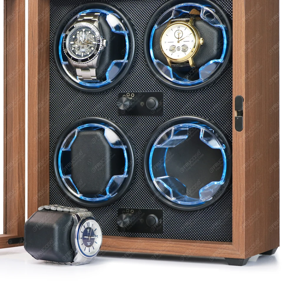 Wooden Watch Winder for Automatic Watches 4 Rolex Box Jewelry Display Collector Storage Wood Grain with Light