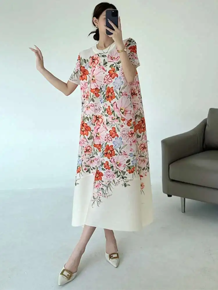 LANMREM Pleated Printting Blue Women's Dress Loose Casual Short Sleeve Elastic Summer Dresses 2025 New Chic Clothing 2DB3513 - Image 4