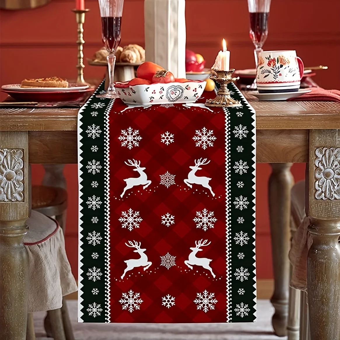 

Christmas Snowflake Elk Pattern Kitchen Table Decoration Table Runner, Vintage Dresser Scarf Home Dinner Wedding Party Supplies