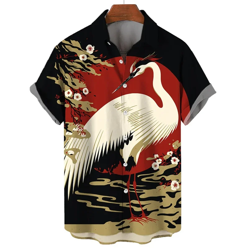 Retro Animal Hawaiian Shirt Men 3d Crane Print Short Sleeved Loose Casual Oversized Shirts Street Harajuku Tops Button Blouse 2