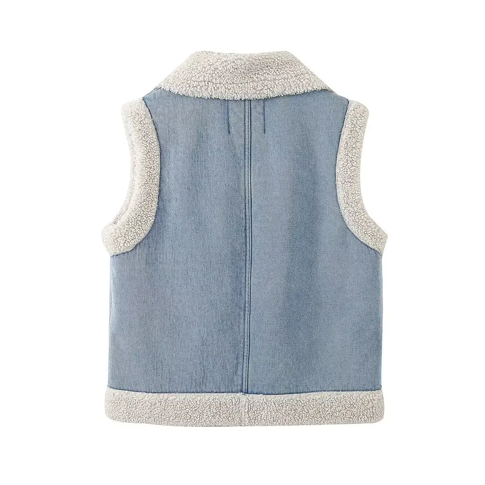 Withered European And American Denim Vest Fashion Women's With Plush Pockets Casual Jacket Girls Tops