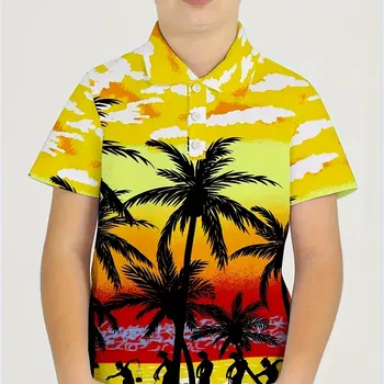 Moda casual bavero manica corta polo ragazzi bambini stampa 3D modello albero di cocco estate bambini spiaggia top camicia abbigliamento 1