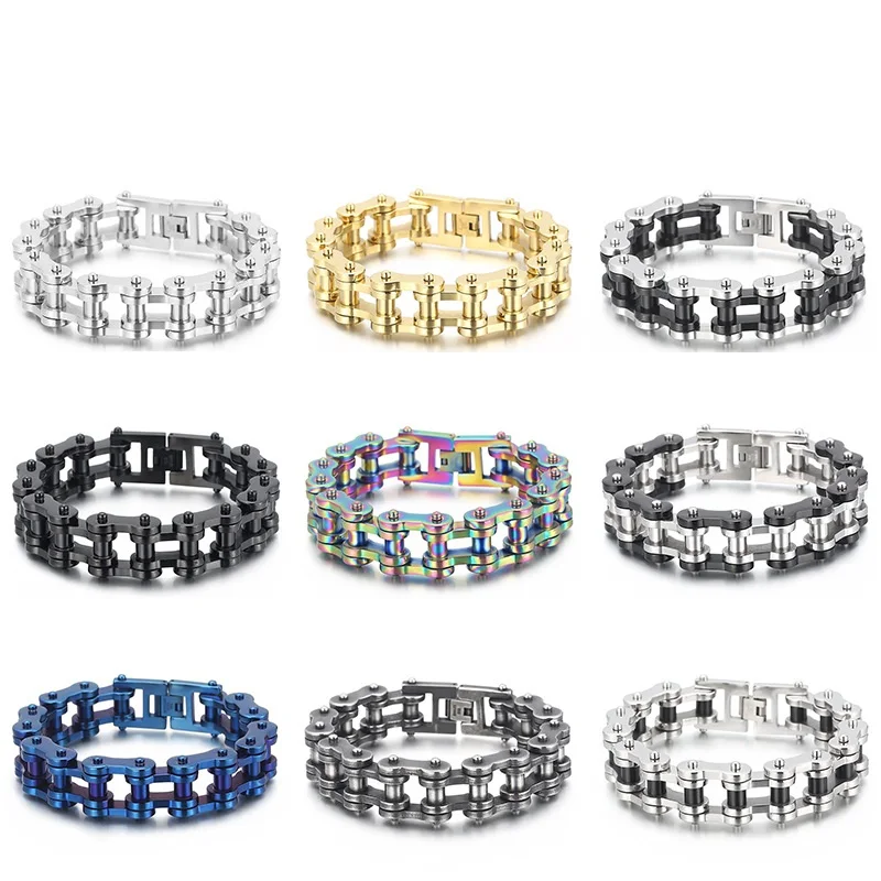 Heavy Punk Rock Rainbow Blue Chain Bracelet in Titanium Steel