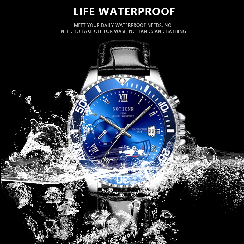 NOTIONR Fashion Mens Black Watches for Men Calendar Quartz Wrist Watch Luxury Man Business Leather Watch relogio masculino