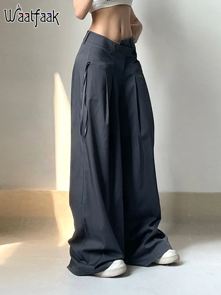 

Waatfaak Oversized Grey Wide Leg Pants Women Korean High Waist Irregular Patchwork High Street Sweat Pants Streetwear Vintage