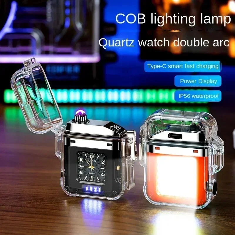 Quartz Clock Transparent IP56 Waterproof Double Arc Type-C Lighter Outdoor Windproof COB Lighting LED Power Display