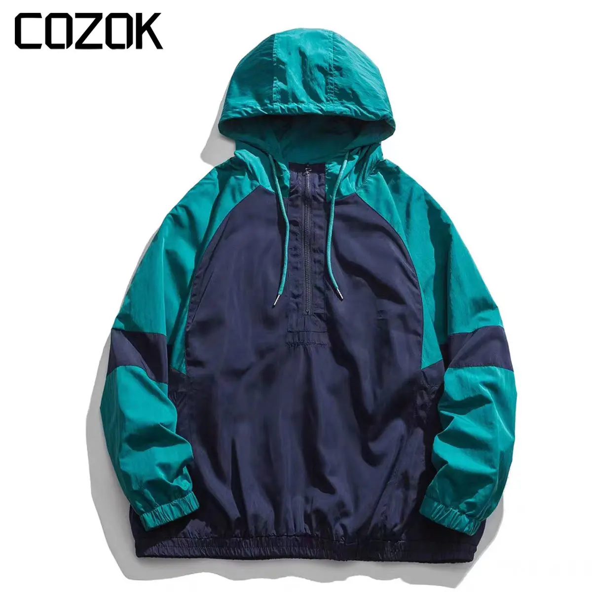 

Spring Patchwork Hooded Baseball Jacket Men Harajuku Half Zipper Windbreaker Sports Jacket Casual Oversize Vintage Coat Couple