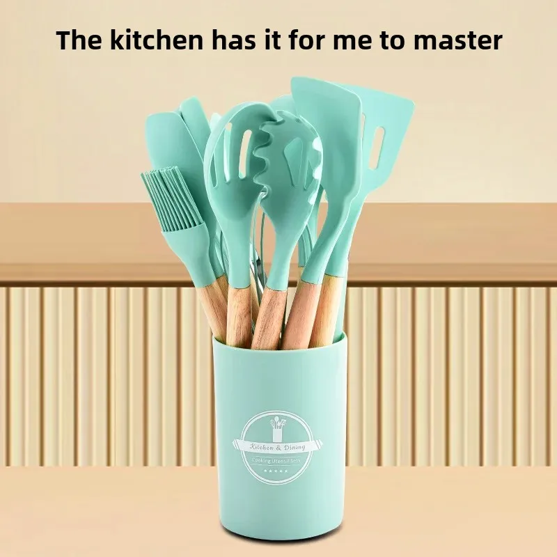12-Piece Silicone Kitchen Utensil Set Wood Handle Non-Stick Cookware Storage Tube Home Cooking Tools Set
