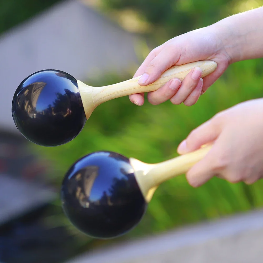 Large Wooden Handle Black Sandball Orff Percussion Sand Hammer Maraca Rattle Ball 2Pcs/Set for Party Toy Kids Educational Gifts