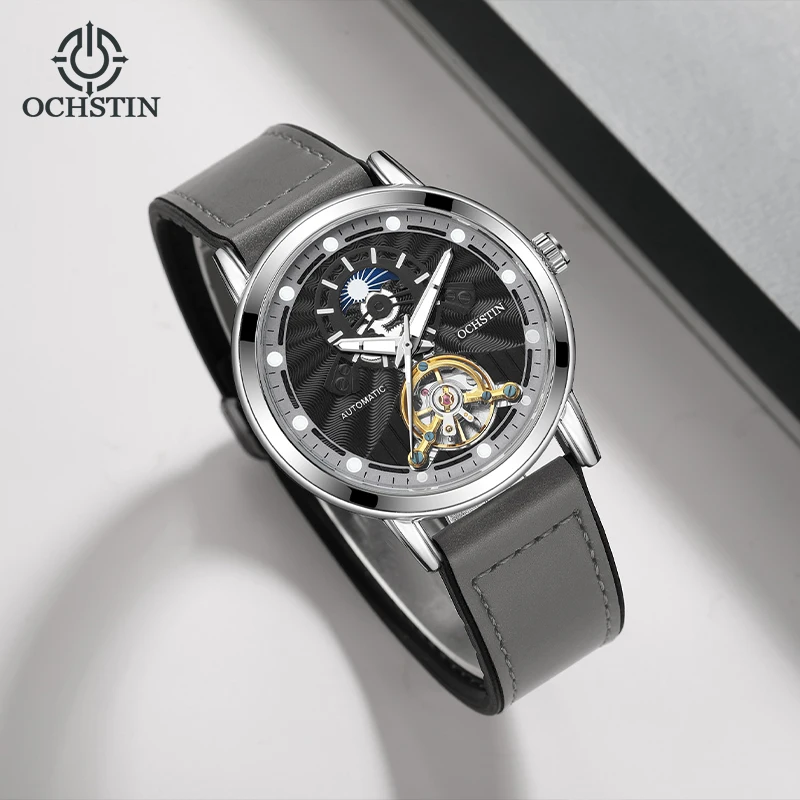 Men Watch Automatic Mechanical Luxurious Tourbillon Open Heart AM PM Dial Luminous Rubber Leather Strap & Magnetic Clasp_voghion.com