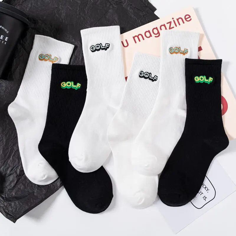 

Black and White Golf Lettered Mens Socks High Quality Unisex Cotton Crew Socks Male Fashion Harajuku Solid Color Casual Simple