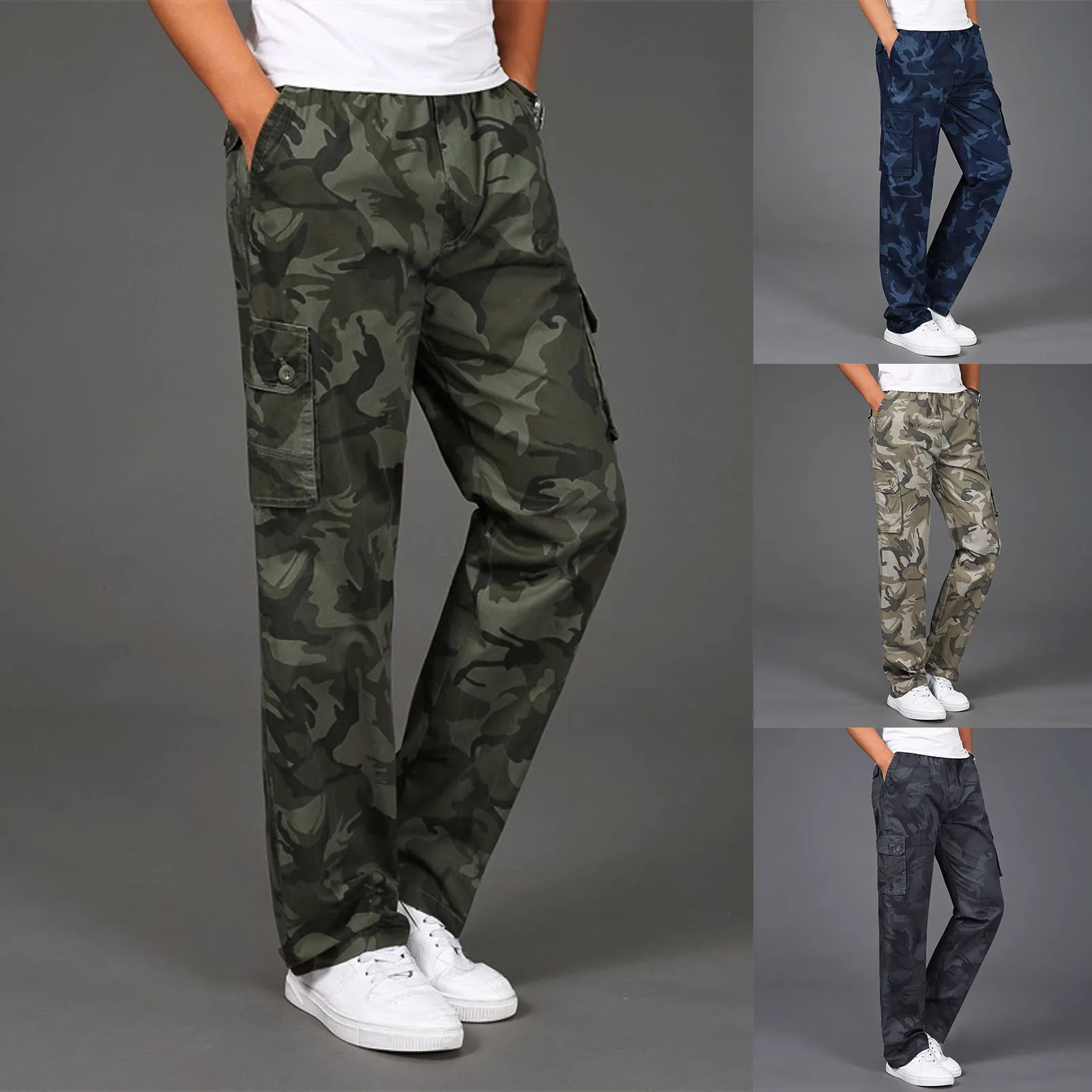 

Men's Fashion Casual Loose Workwear Trousers Vintage Camouflage Printing Straight Leg Pants Large Size Elastic Waist Pants