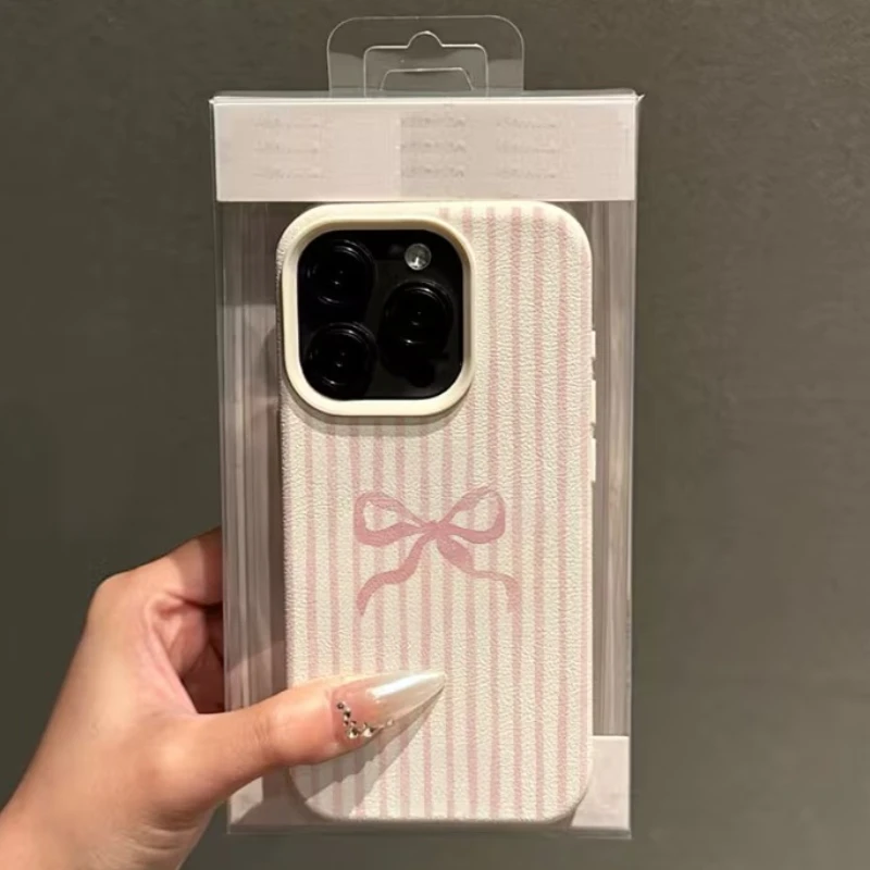 Elegant Striped Pink Bow Pattern Shockproof Soft Phone Case