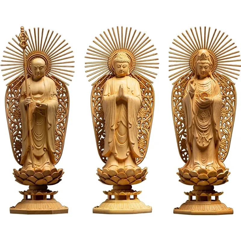 

27CM Hand Carved Boxwood Carving Figurine Guanyin Statue Home Decor -Three Buddha Feng Shui Sculpture