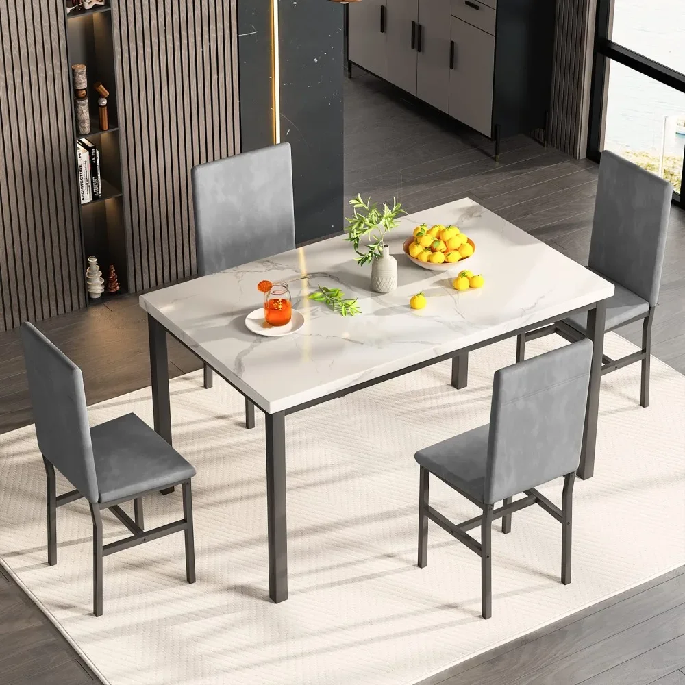 Dining Table Set for 4 4 PU Leather Chairs 5-Piece Marble DiningTable Set Velvet Metal Frame Chairs For Kitchen