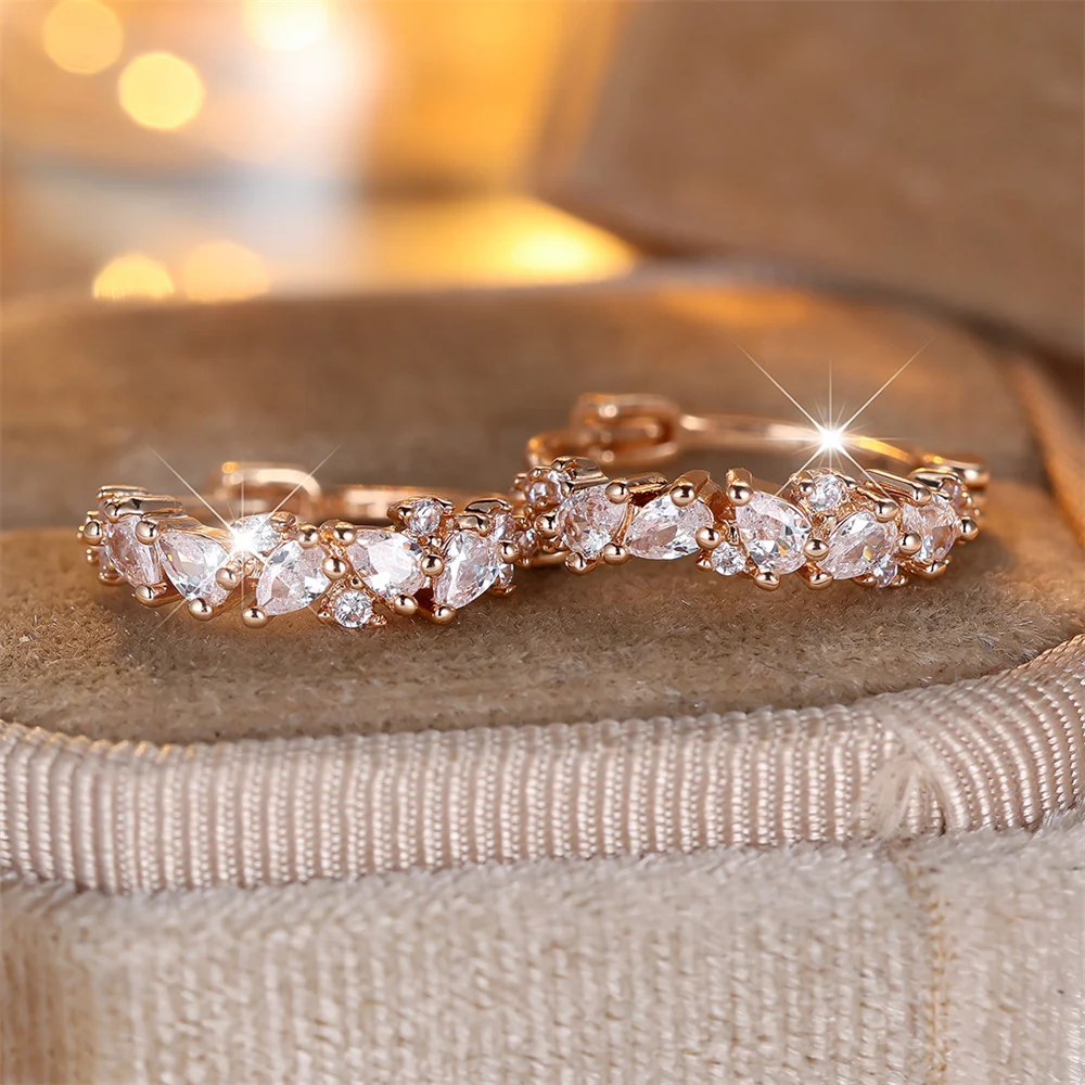 White Zircon Small Water Drop Stone Hoop Earrings For Women Vintage Gold Color Tiny Ear Buckle Wedding Jewelry Mother's Day Gift