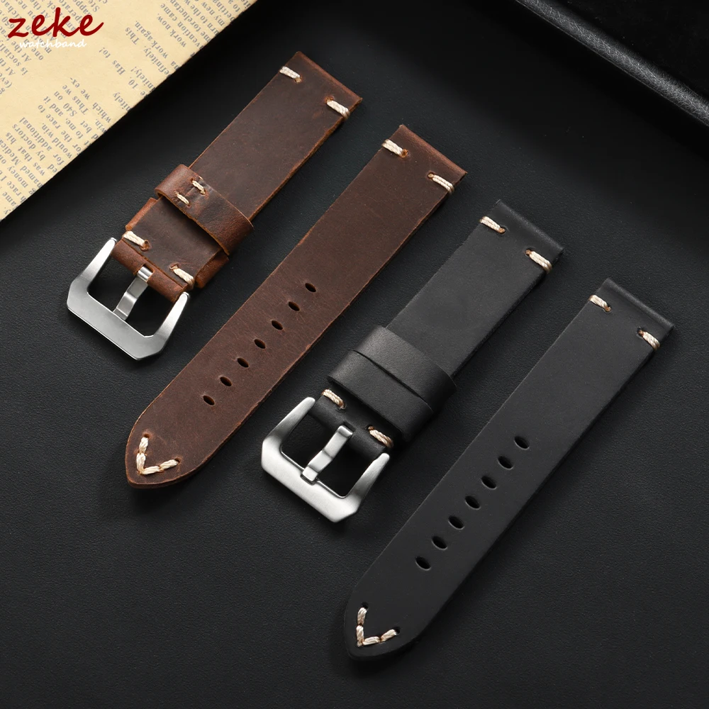 Vintage Genuine Leather Cowhide Watch Band - Soft Stitching Crazy Horse Calfskin Bracelet