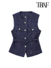 TRAF-Women's Tweed Waistcoat with Belt, O Neck, Sleeveless, Front Button, Female Outerwear, Chic Tops, Fashion 1