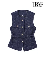 TRAF-Women's Tweed Waistcoat with Belt, O Neck, Sleeveless, Front Button, Female Outerwear, Chic Tops, Fashion 1