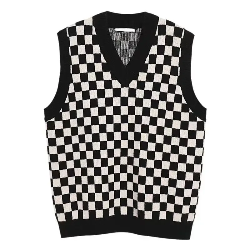 Waistcoat Graphic Knitted Sweaters for Men Black White V Neck Vest