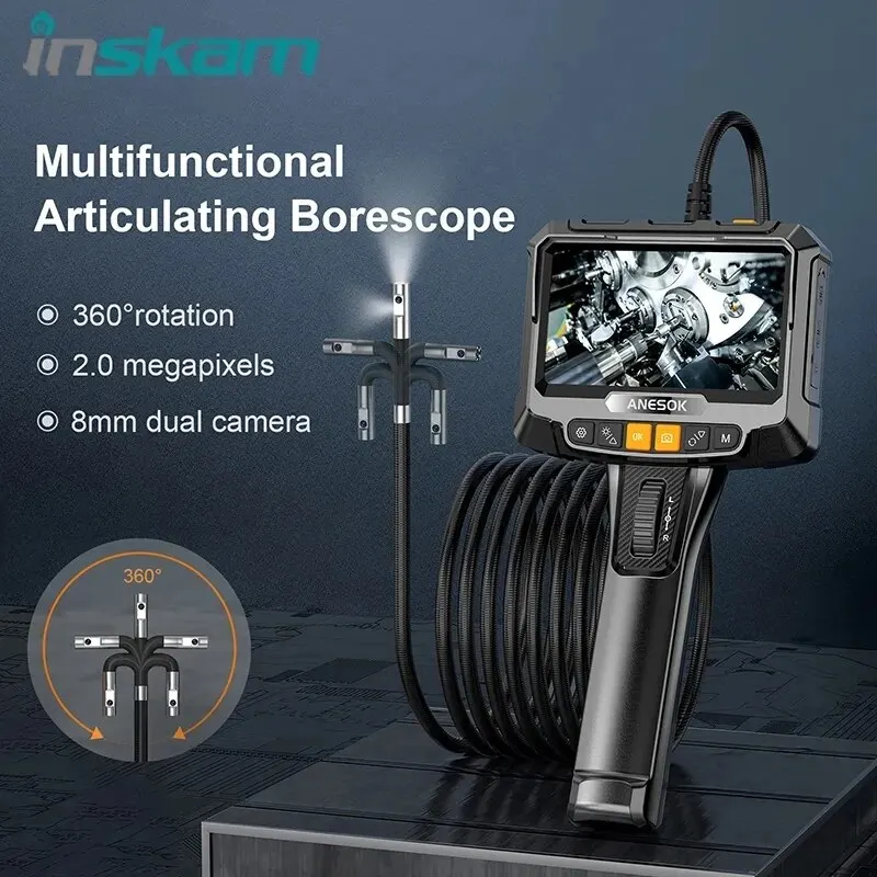 INSKAM 360&deg; Two-ways Steering Industrial Endoscope Camera 8mm 6.5mm Single&Dual Lens Inspection Borescope 5"IPS Screen For Car