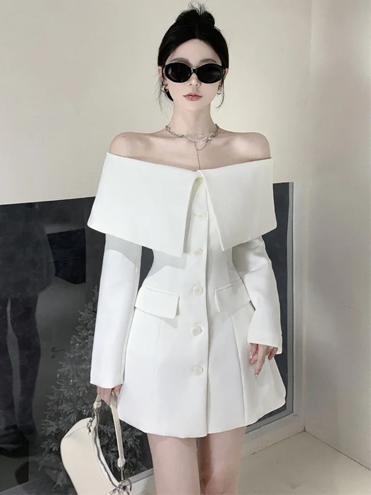 

Casual Summer Designer One-shoulder Slash Neck Single-breasted Waist Suit Dress White Elegant Formal Dresses for Women Clothing