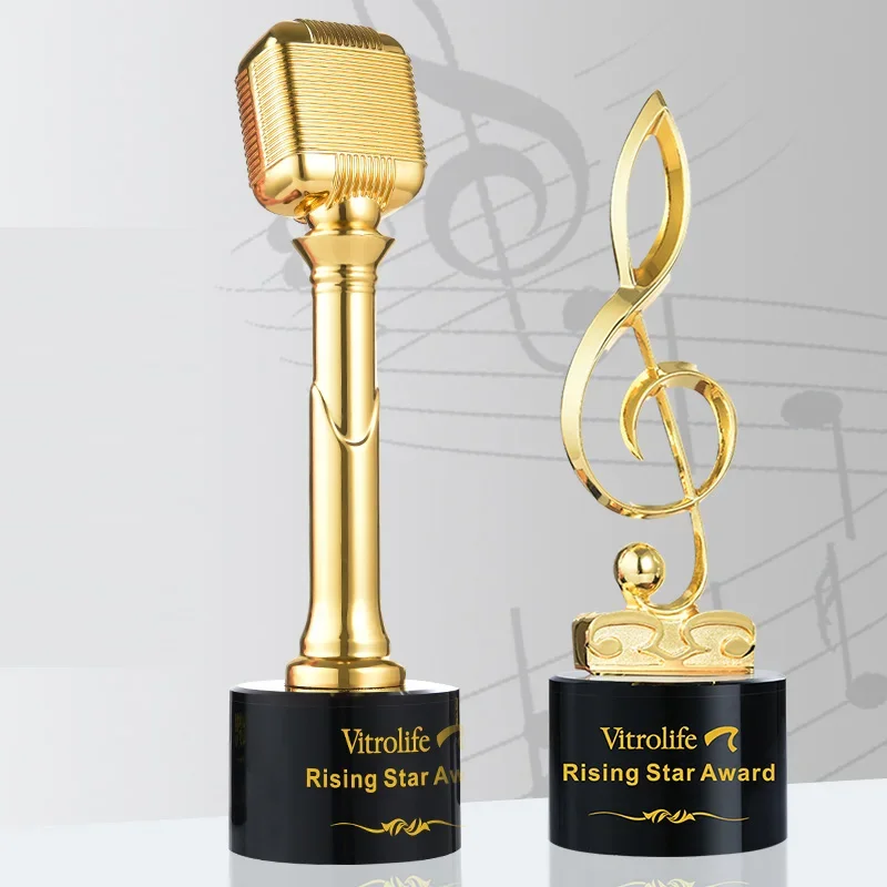 Custom-made Creative Music and Singing Trophy, Metal Microphone Trophy, Crystal Base for Competition Award, Home Decoration, 1Pc