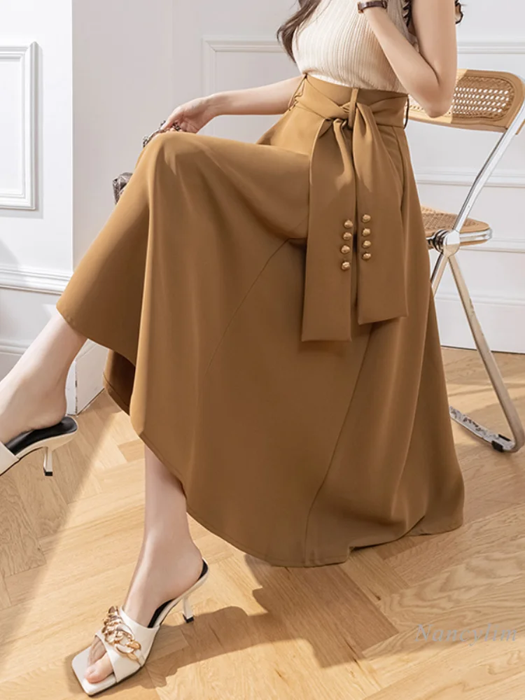 

Khaki Skirt Women's Spring and Summer Lace Up High Waist A- Line Slimming Simple Temperament Young Lady Midi Skirts 2023