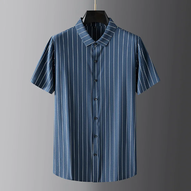 

plus size 7xL vertical striped shirt men short sleeve summer ice silk non-iron stretch short sleeve shirt big size mens shirts