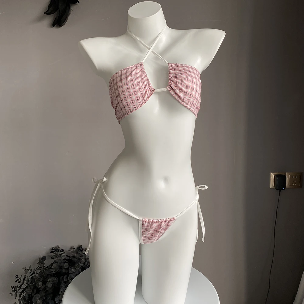 

Cute Pink Plaid Bikini 2022 Women Girl Sexy Swimsuit Bandage Push-up Bra Bikini Set Two Piece Swimwear High Cut Bathing Suit