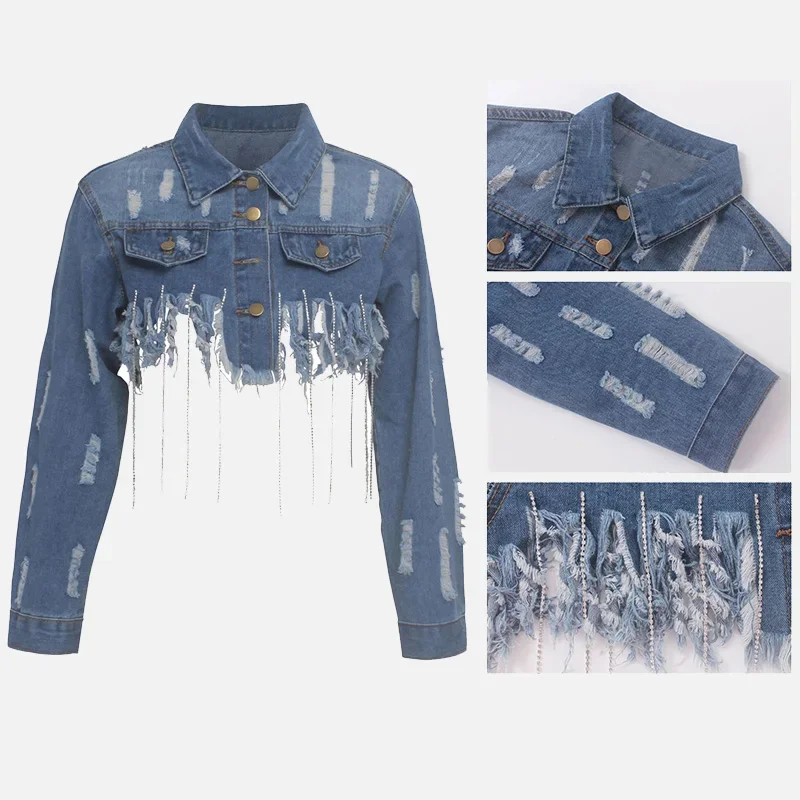 Tassel Ripped Cropped Jean Jacket Women Autumn Vintage Chain Long Sleeve Denim Jacket Streetwear Short Denim Coat Female Outwear