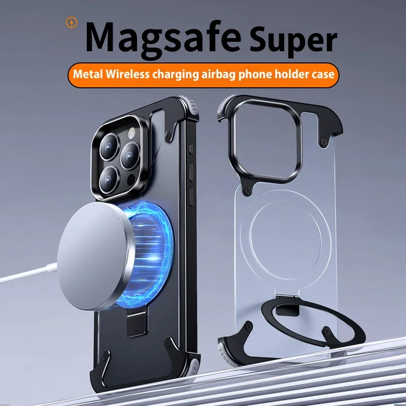 

Metal Magnetic Magsafe Phone holder Case For iPhone 14 13 15 Pro Max Aluminum Alloy Stand Shell Matte Rimless Frosted Cover