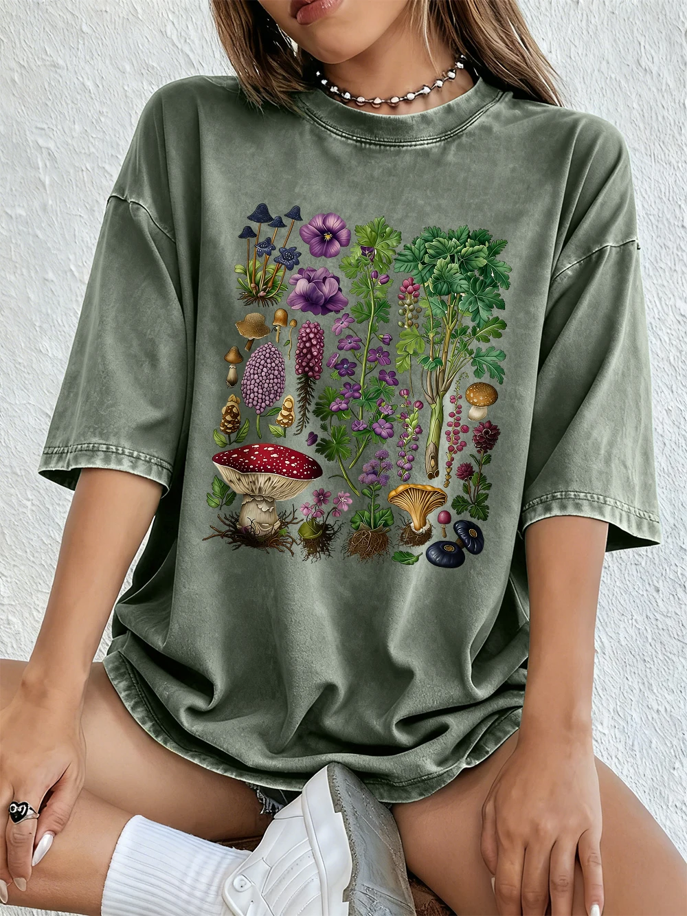 Floral & Mushroom Print Oversized Cotton T-Shirt - Women's Casual Summer Top