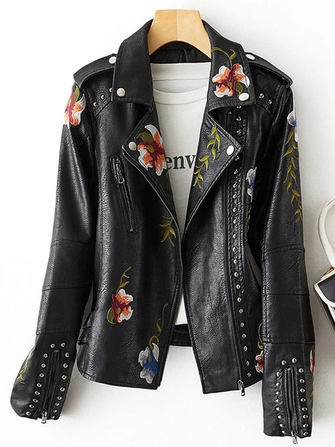 FTLZZ New Women Retro Floral Print Embroidery Faux Soft Leather Jacket Coat Turndown Collar Pu Moto Biker Black Punk Outerwear 6