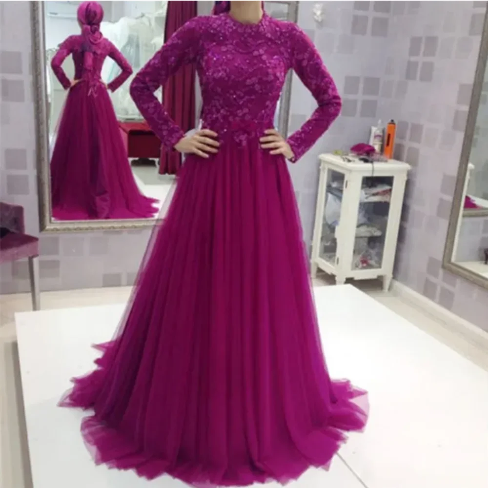 

2024 Dresses Long Sleeves Muslim Evening Dresses Lace Prom Gowns Sweep Train Plus Saudi Arabia Women Formal Party Evening Gowns