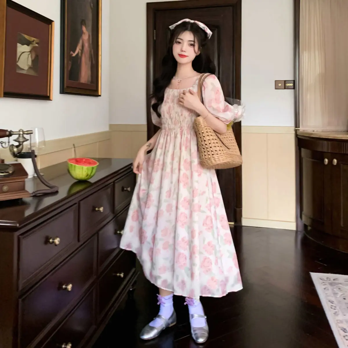 Dresses Women Puff Sleeve Soft Pink Cute Party Summer Tunic A-LINE Fashion Female Floral Vintage Elegant Princess St