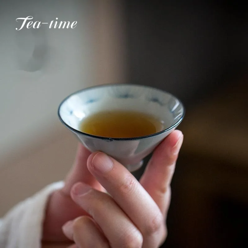 50ml Hand-painted Lotus Simple Antique Blue and White Bamboo Hat Tea Cup Ceramic Kung Fu TeaSet Master Personal Small Single Cup