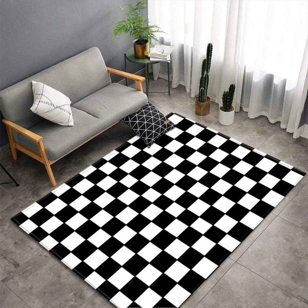 Simple Black White Checkerboard Carpet for Living Room Anti-slip Bedroom Bedside Sofa Area Rug Large Size Indoor Floor Mat
