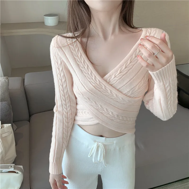 JMPRS Cross Women Pullover Cropped Sweater Autumn Fashion V Neck Long Sleeve Solid Ladies Jumper Casual Korean Slim Knit Tops pink sweater